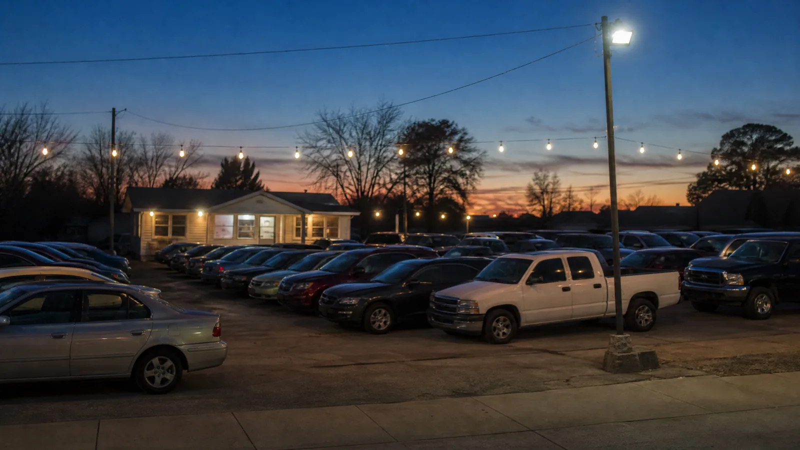 Rows of used cars and pickups on a small independent lot at dusk, string lights and a lit sales office behind