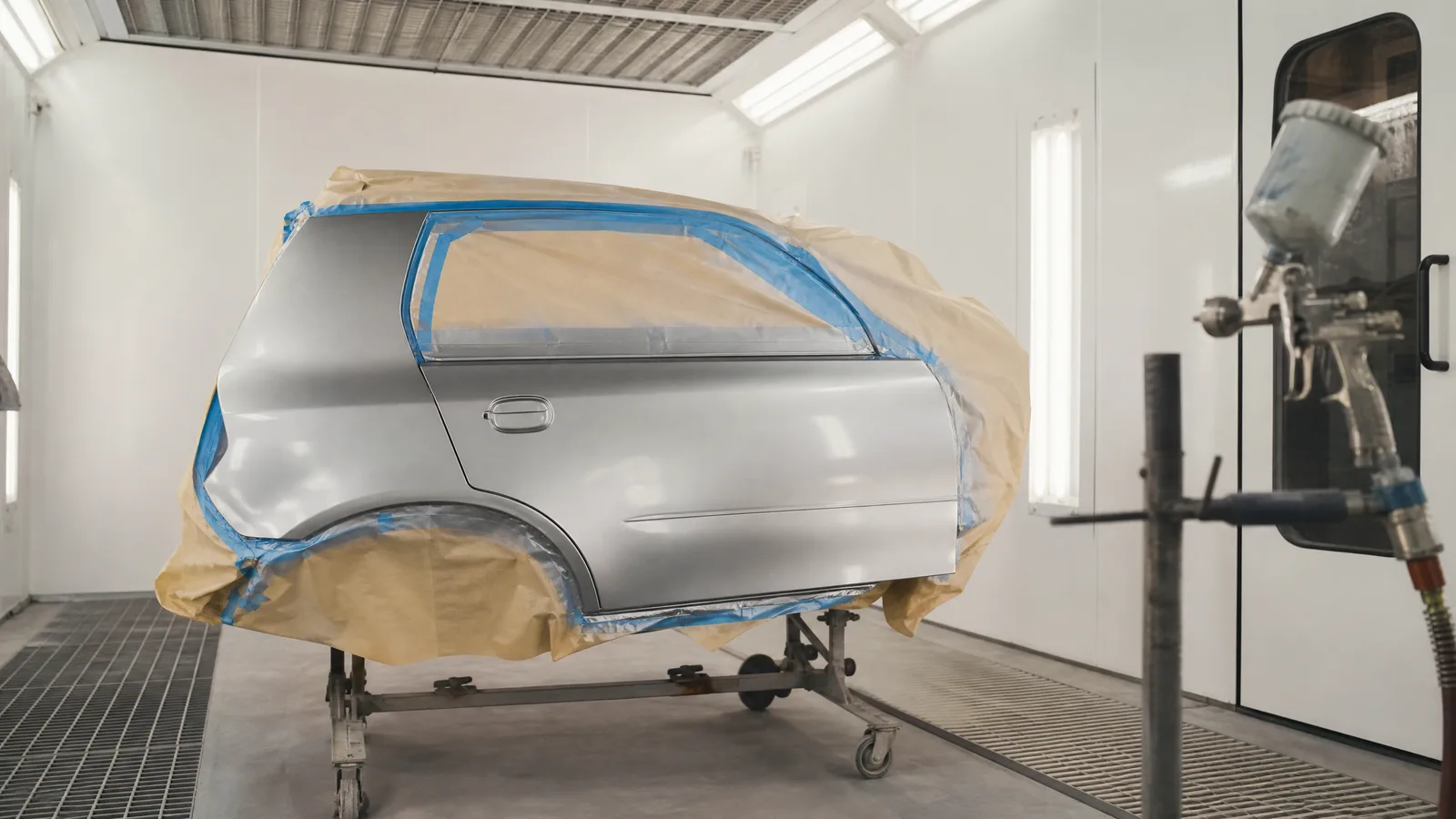 Freshly sprayed silver body panel on a paint stand inside a booth, masking paper and blue tape in place