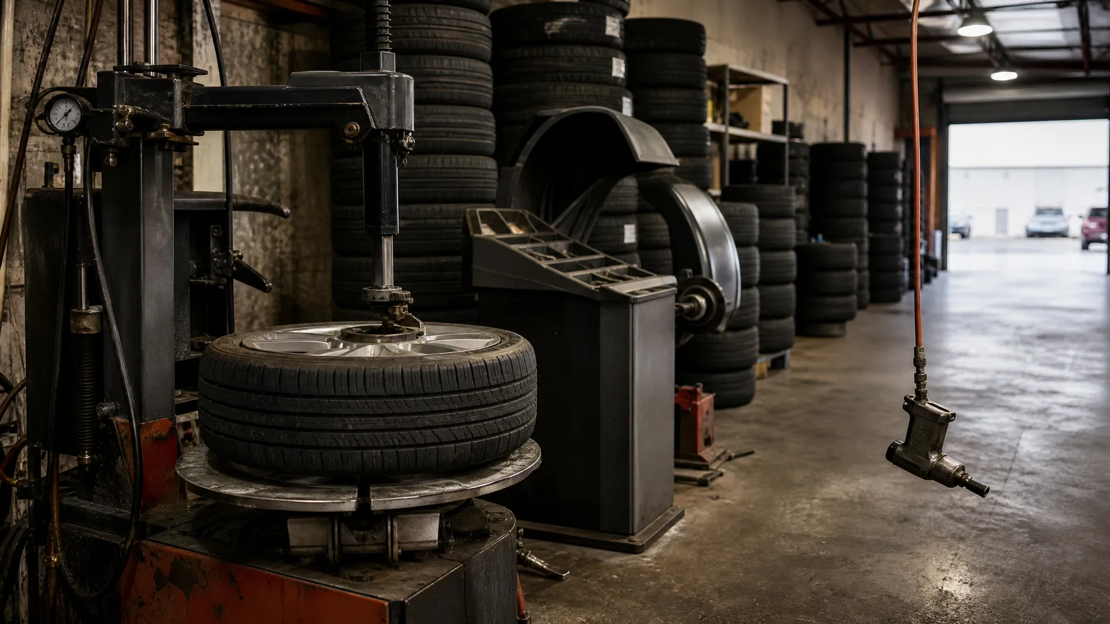 Wheel clamped on a tire changing machine with stacked tires along the shop wall behind it