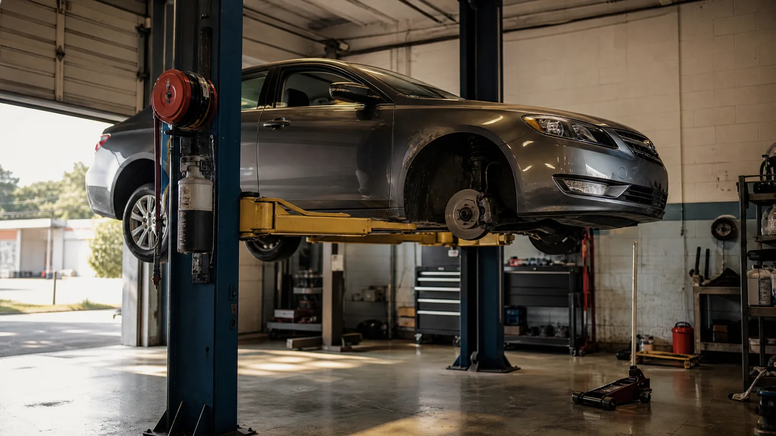Sedan raised on a two-post lift with a front brake rotor exposed, open bay door behind